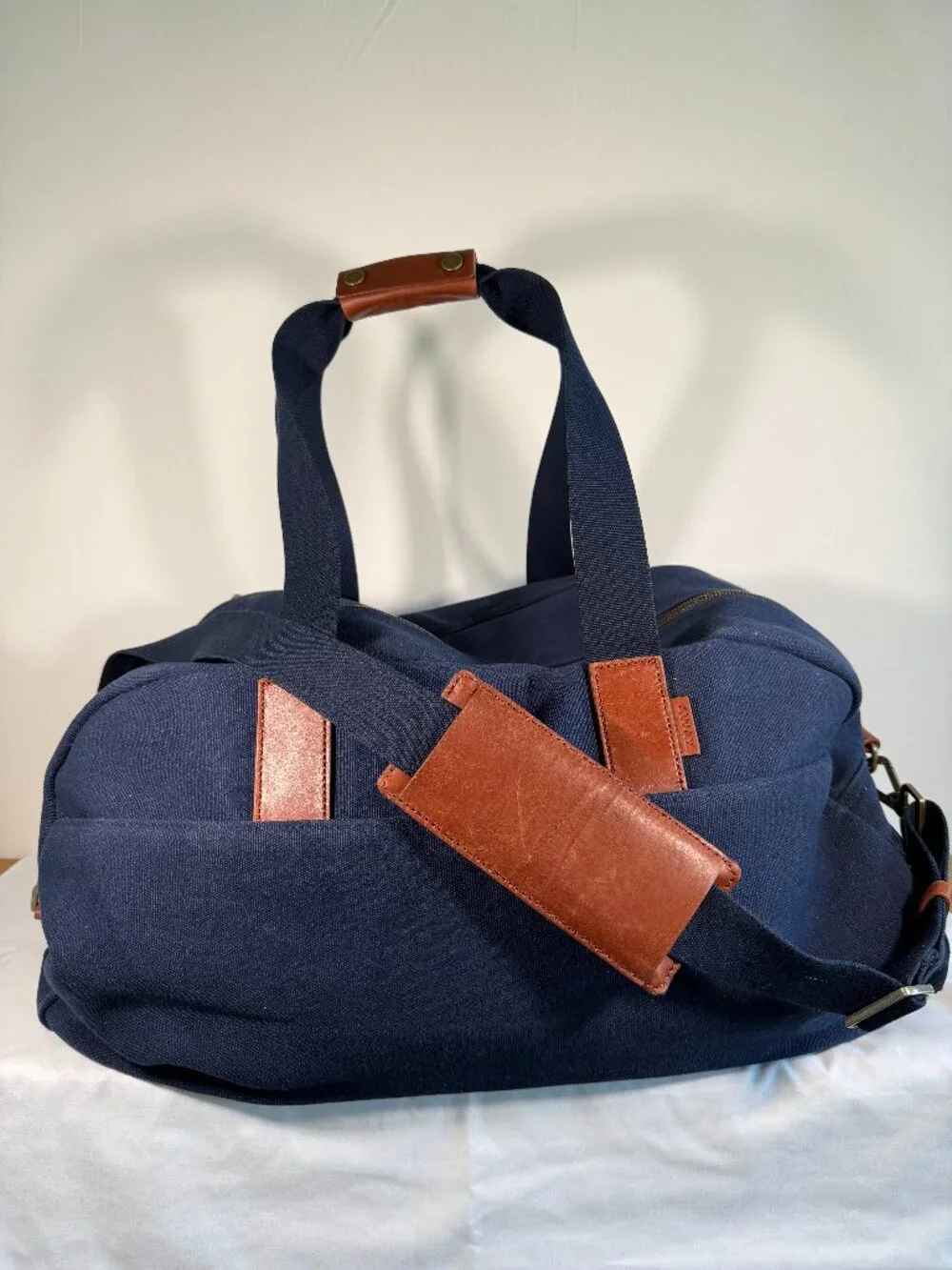 AWAY Travel Weekender Navy Blue Canvas Leather Trim Duffel Bag